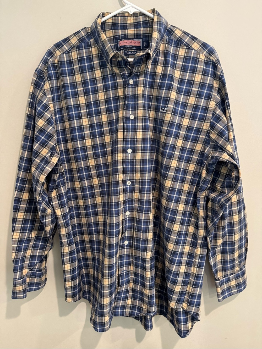 Vineyard Vines Men’s Navy and Cream Plaid Button-Down Whale Shirt